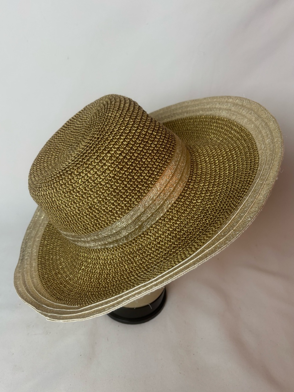 Magid Woven Paper Straw Wide Brim Sun Hat Metallic Gold Beige Stripe